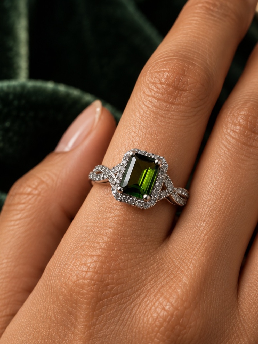 Genuine Green Chrome Diopside Sterling Silver Cocktail Ring, Size 8